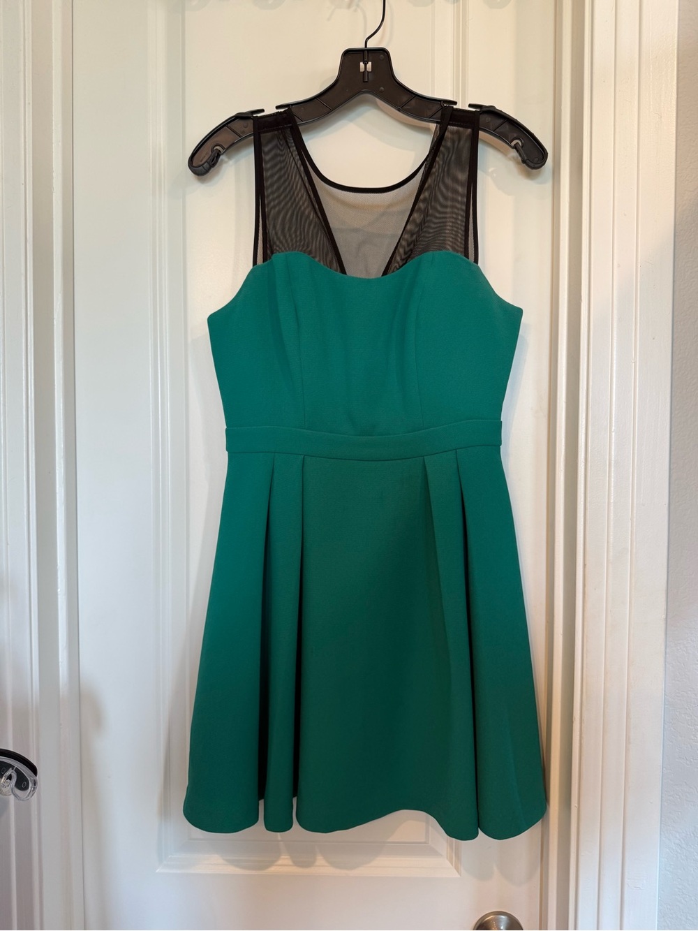 BCBGeneration Teal Green Fit-and-Flare Mini Dress with Mesh Yoke